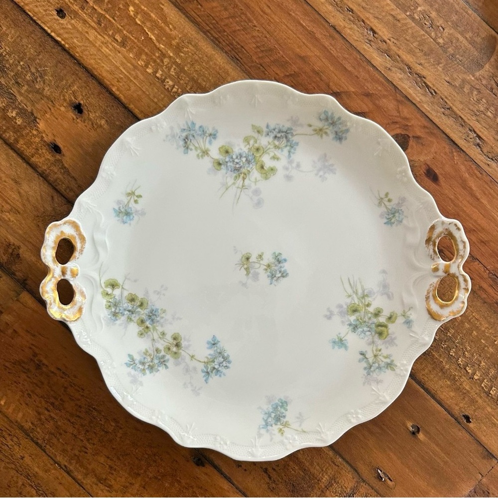 J. POUYAT LIMOGES FRANCE  Victorian 11 1/2" PLATTER BLUE FLORAL GOLD RIBBON